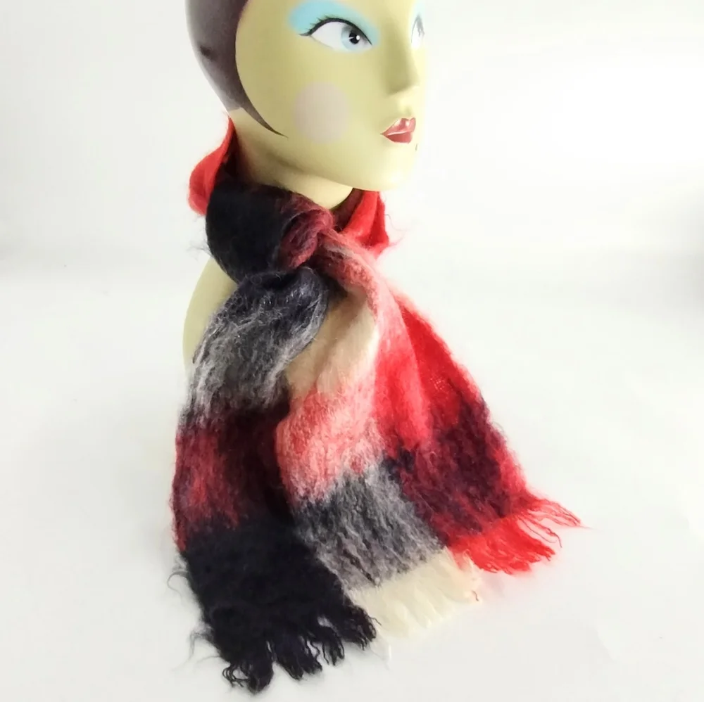 Vintage Mohair Blend Buffalo Plaid‎ Red and Black Scarf